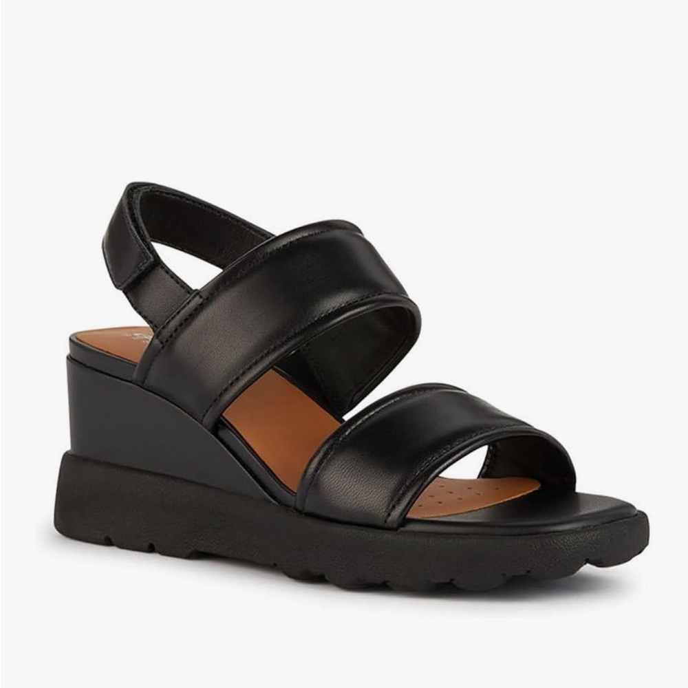 Geox Black Leather Wedge Sandals